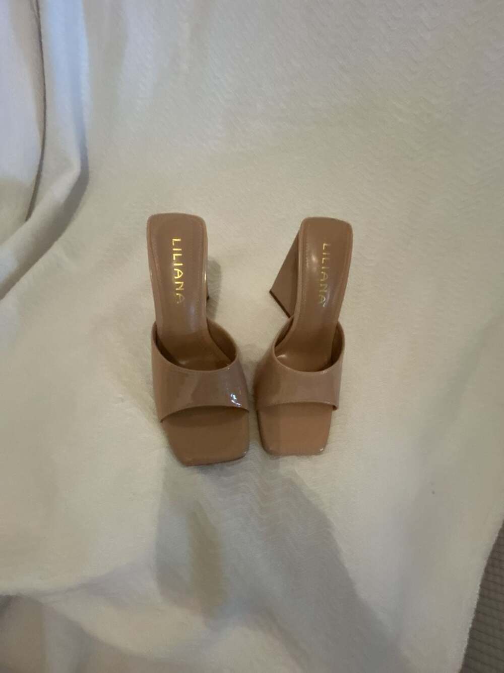 Liliana Tikka-1 Nude Patent Square Toe Chunky Heel Mules
